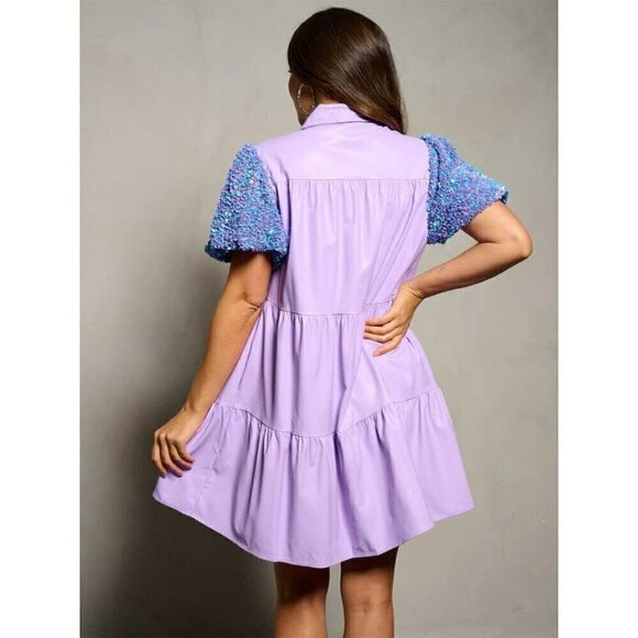 On My Best Behavior Sequin Puff Sleeve Vegan Leather Dress in Purple - Picture 6 of 6
